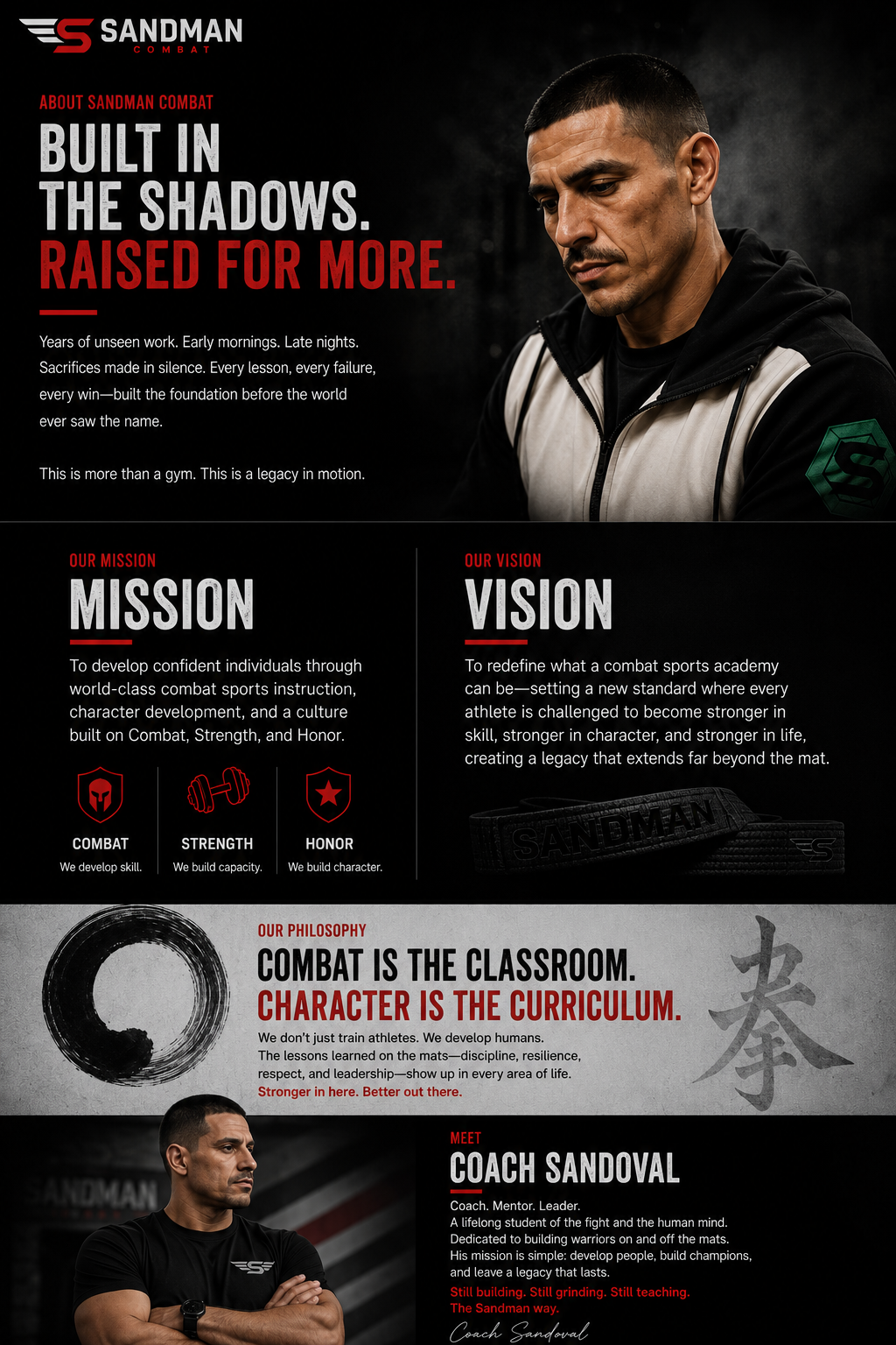 Built in the Shadows. Raised for More. The story, mission, vision, philosophy, and founder of Sandman Combat.