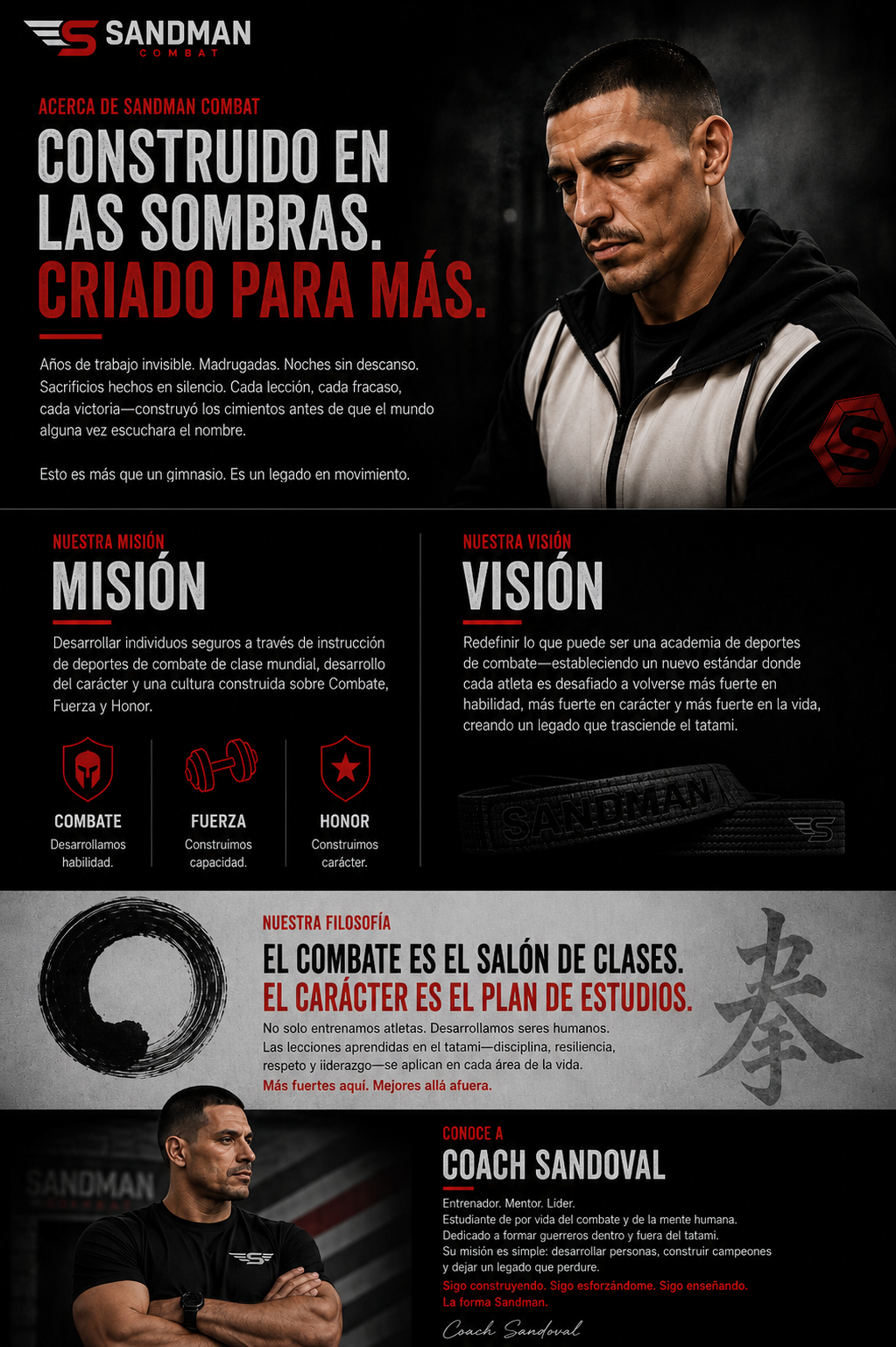Construido en las sombras. Criado para más. La historia, misión, visión, filosofía y fundador de Sandman Combat.